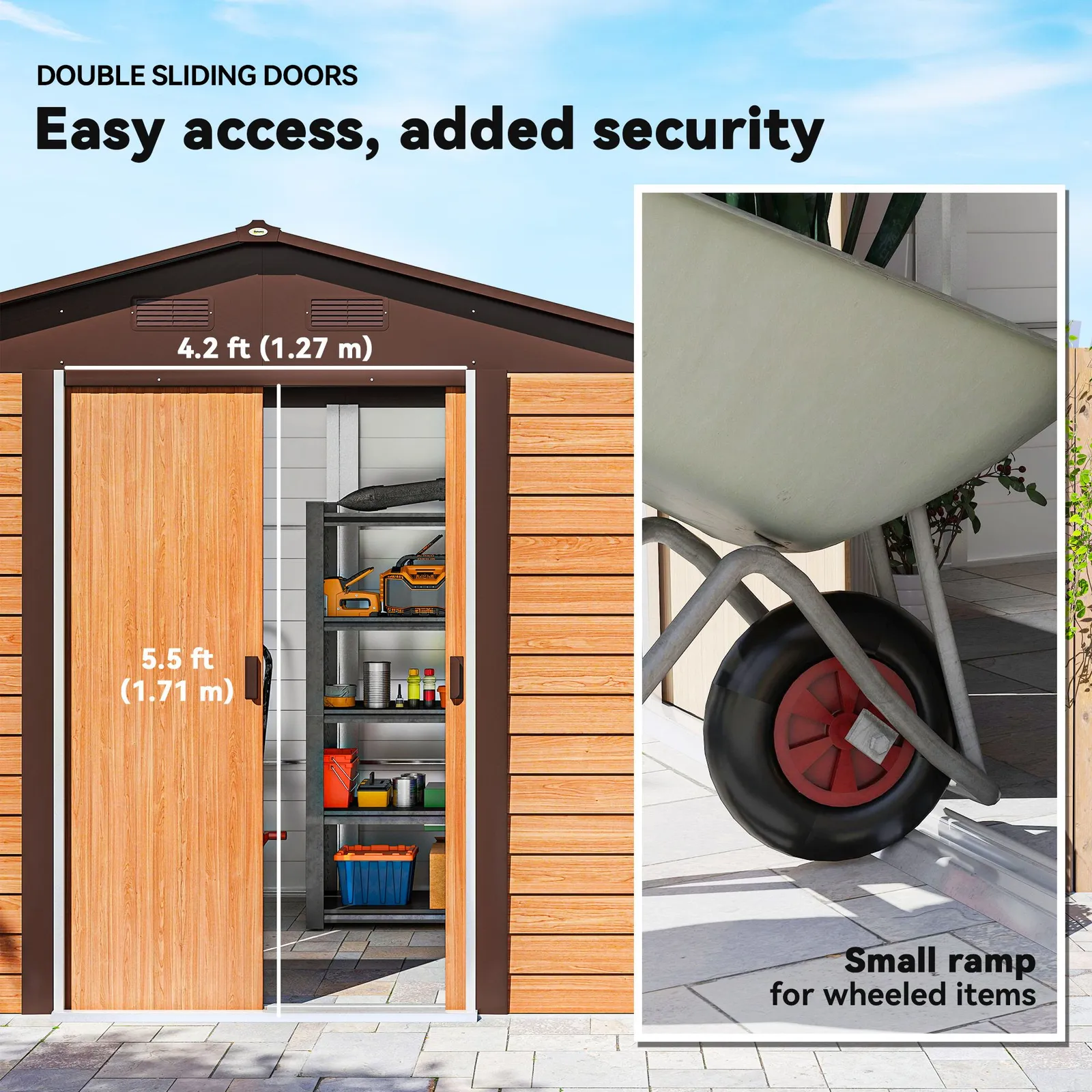 OUTSUNNY 9 x 6ft Garden Shed Wood Effect Tool Storage Sliding Door Wood Grain in Brown 6