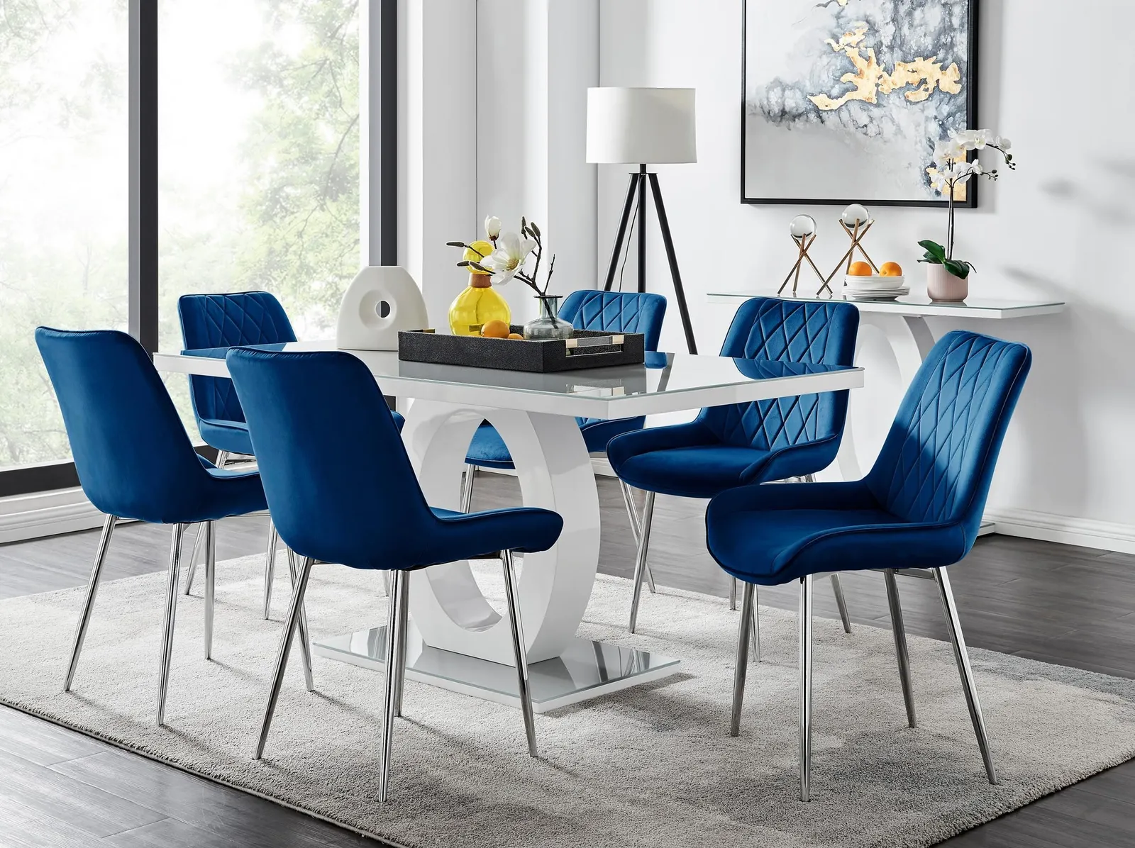 FurnitureboxUK Giovani 6-Seater Grey Glass Dining Table & 6 Pesaro Soft Velvet Dining Chairs in Navy