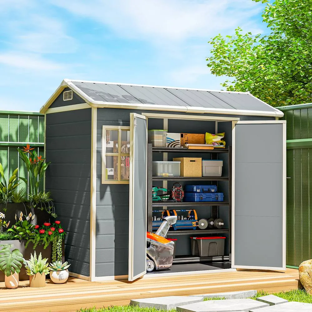 OUTSUNNY 8 x 4 ft Resin Garden Shed with Floor, Lockable Doors in Light Grey 2