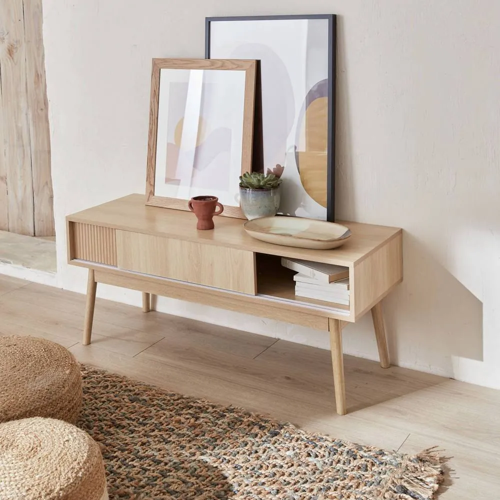 sweeek 115cm TV unit grooved wood detail 2 doors in Beige 3