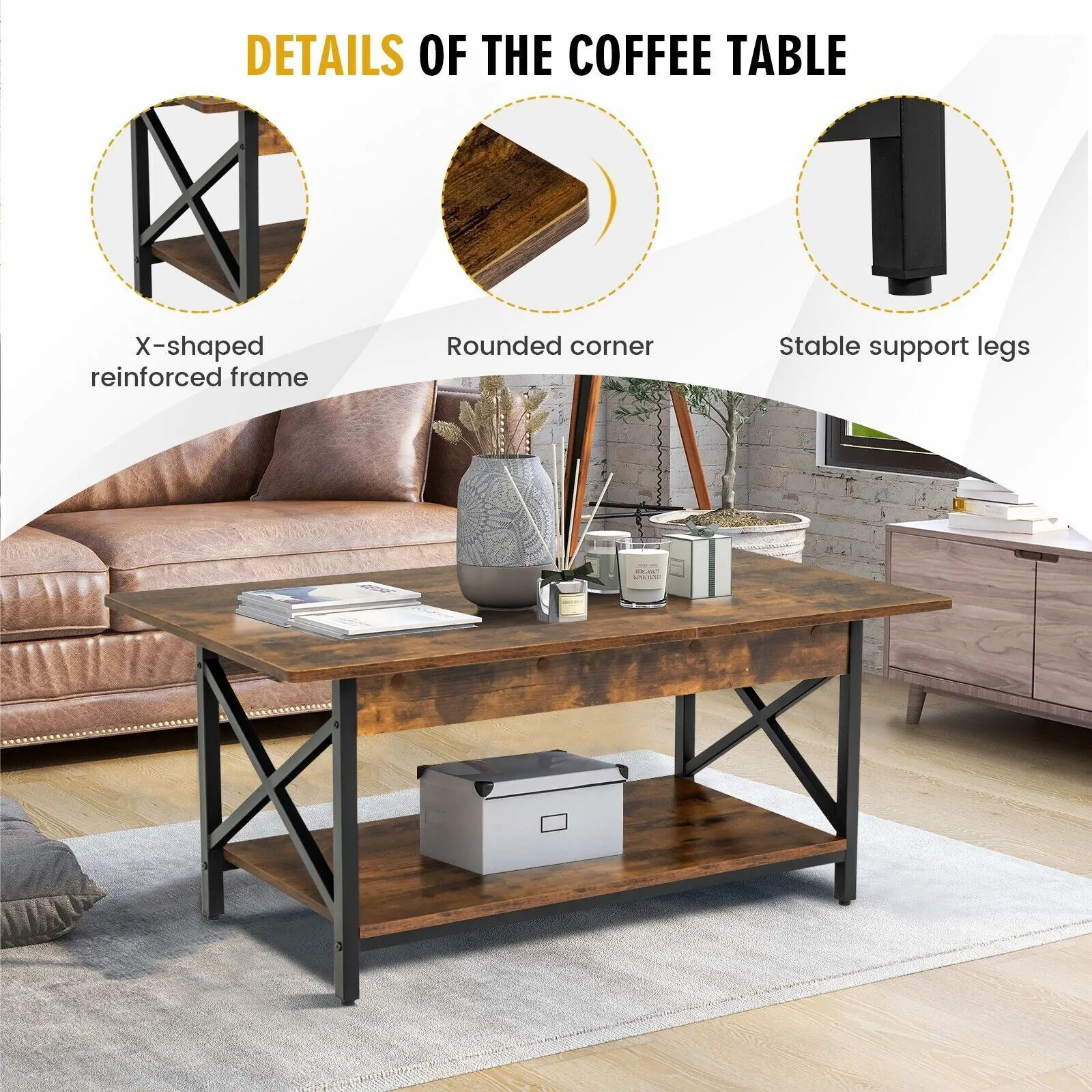 Costway 2-Tier Industrial Coffee Table Home Cocktail Tea Side Table with Storage Shelf in Brown 5