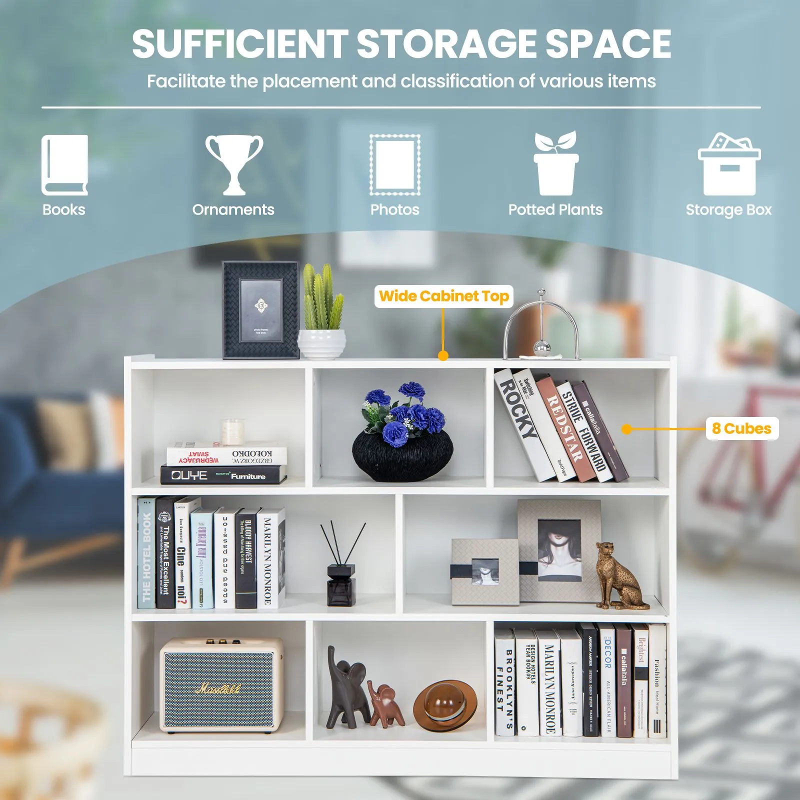 Costway 3-tier Open Bookcase Modern 8-Cube Bookshelf Wooden Storage Display Cabinet in White 6