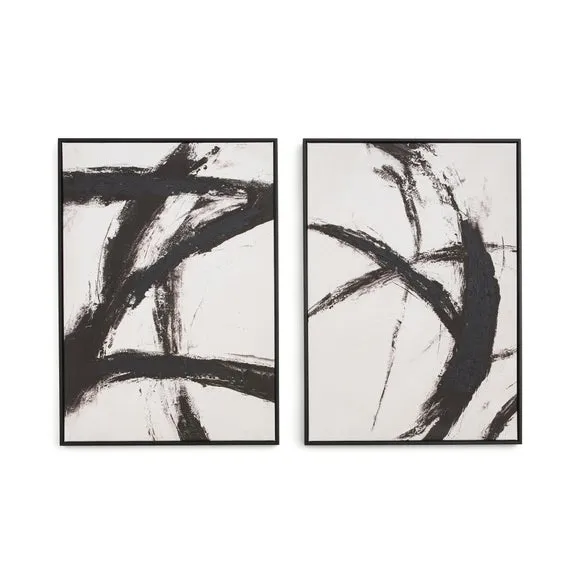 Set Of 2 Monochrome Abstract Brushstroke Framed Canvases 3