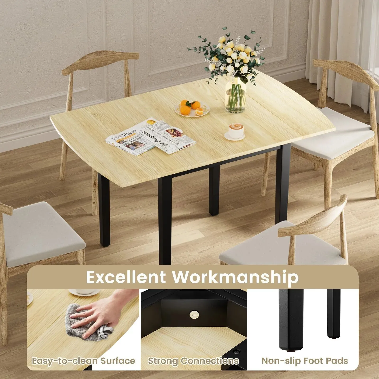 Costway Folding Dining Table Drop Leaf Tables Home Wood Kitchen Table with Foot Pad in Natural 5