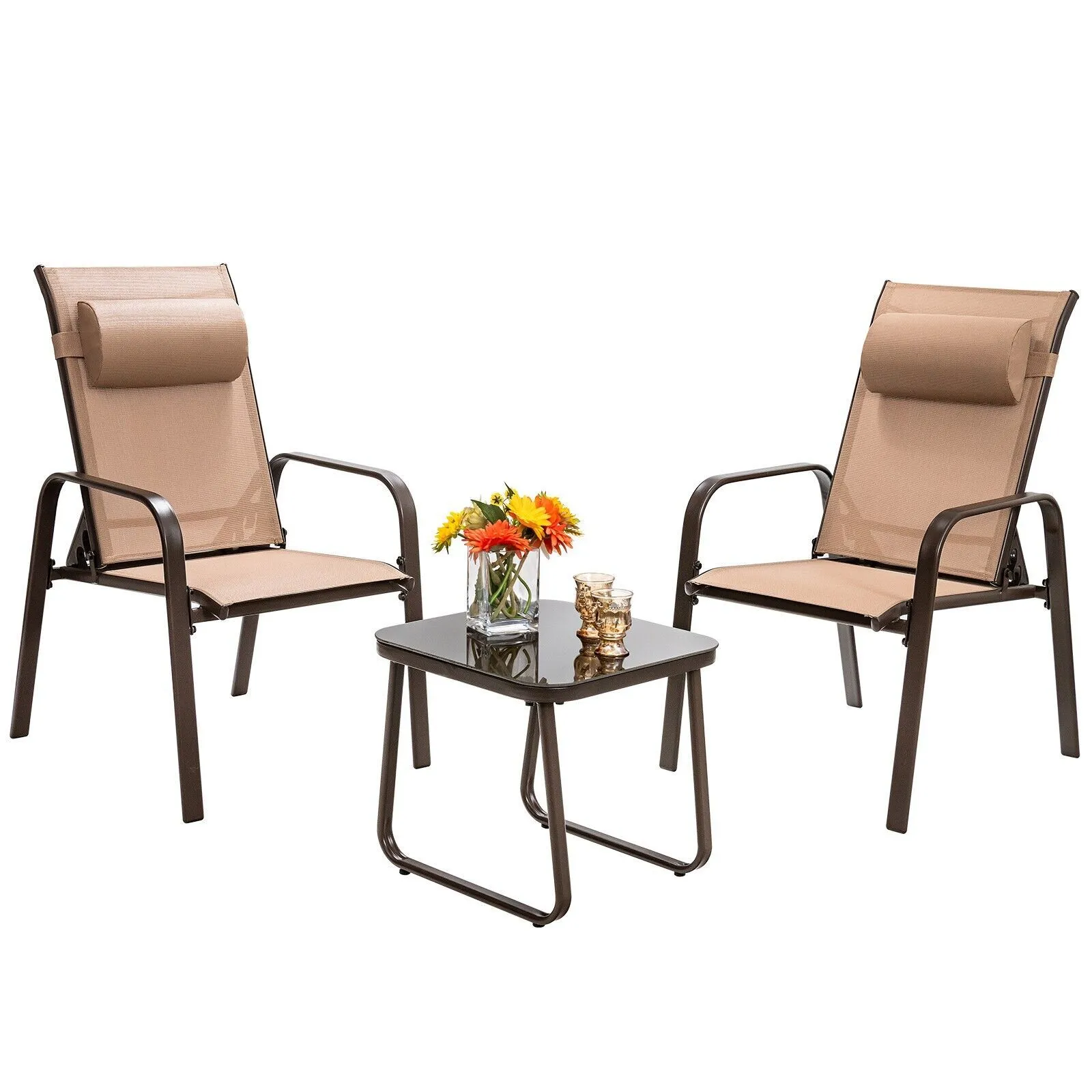 Costway 3-Piece Patio Bistro Furniture Set Outdoor Coffee Table Stackable Chairs Set in Brown