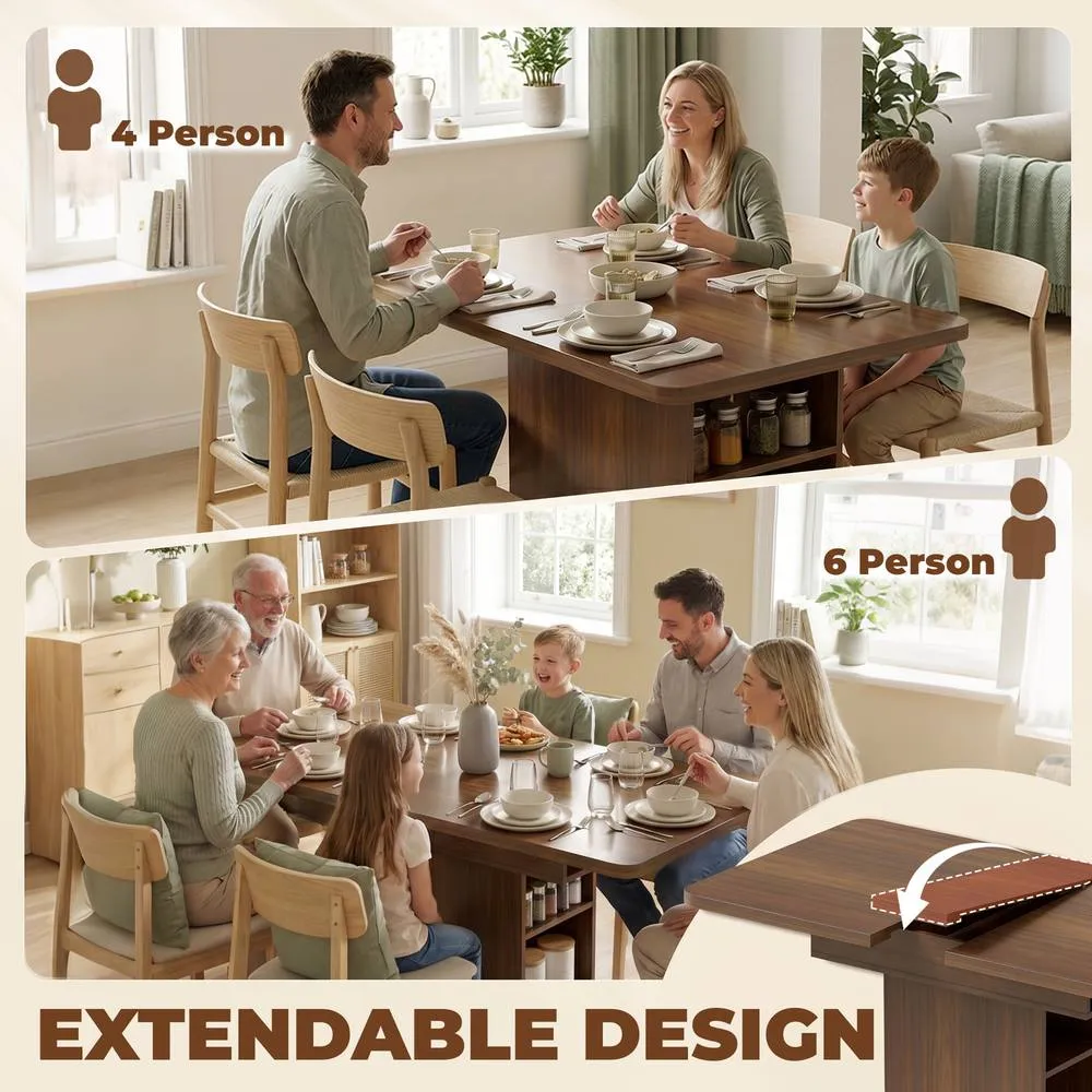 HOMCOM Extendable Dining Table for 4-6, Kitchen Table with Shelves, Walnut in Brown 4