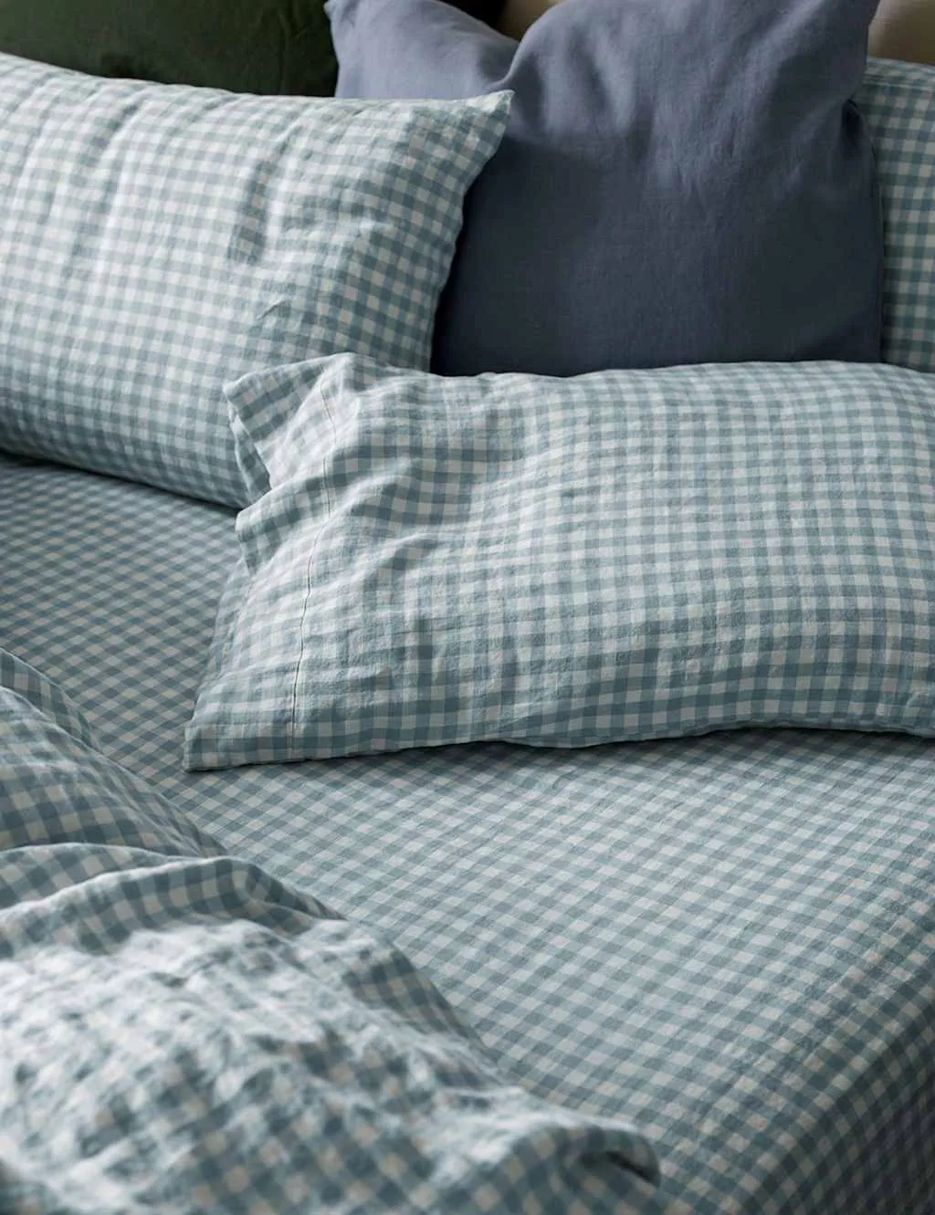 Piglet In Bed Pure Linen Gingham Fitted Sheet Light Blue Mix