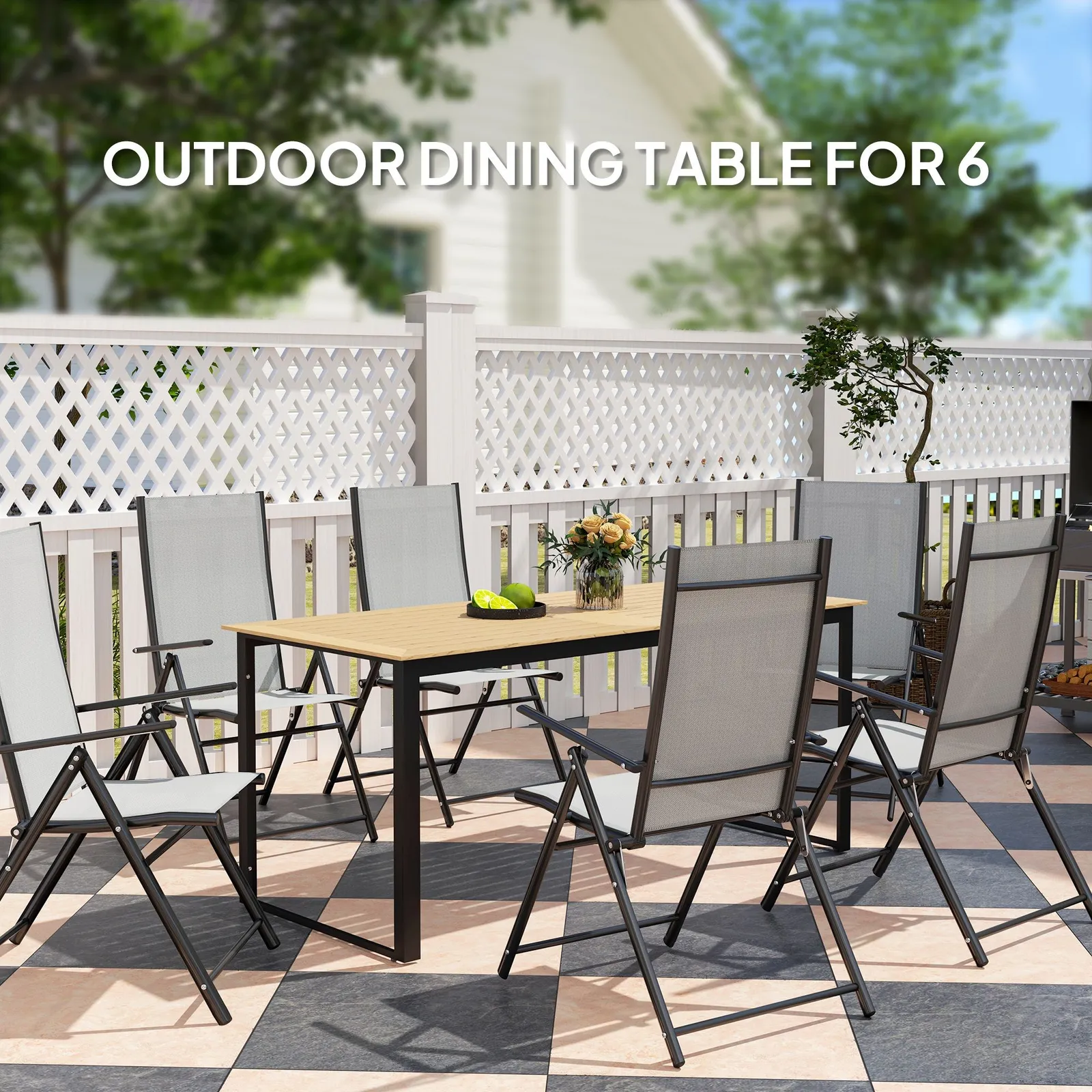 OUTSUNNY Garden Dining Table for 6 People with Slatted Table Top Metal Frame in Light Brown 4