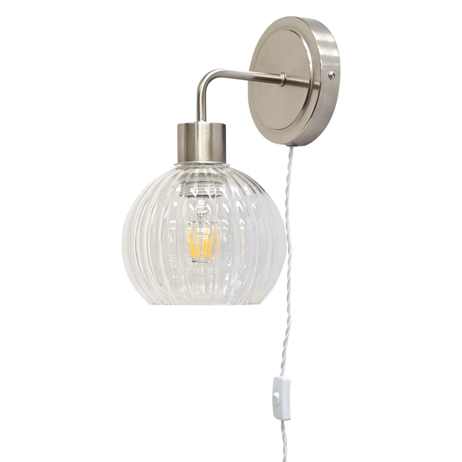 First Choice Lighting Set of 2 Toby - Satin Nickel Plug in Wall Lights Clear Shades in Silver 2