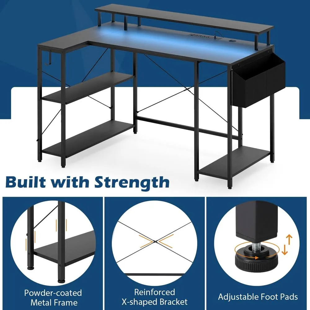 Costway L-Shaped Gaming Desk 120 cm Computer Desk with LED Lights-Black in Black 4