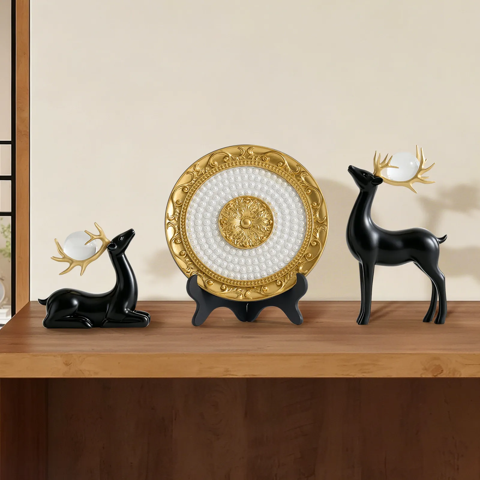 3PCS Black Deer Figurine with Decorative Plate Set Luxury Resin Animal Sculptures