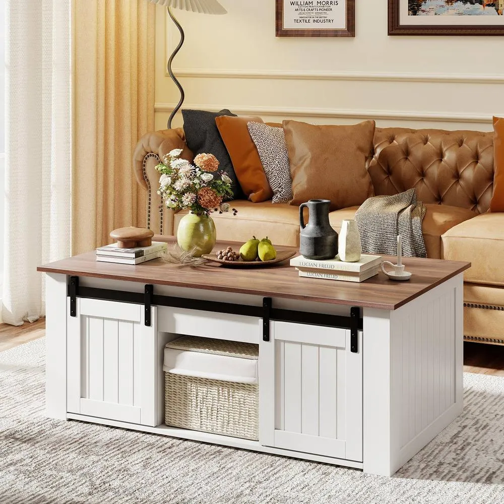 Costway 120 cm Farmhouse Center Table Lift Top Coffee Table with Doors White 3