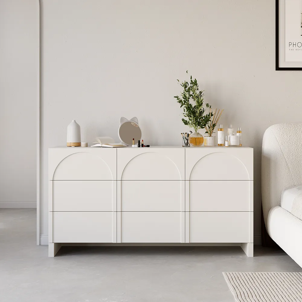 1350 mm Japandi Cream White Dresser Nordic Arch Chest of 9 Drawers Storage Cabinet