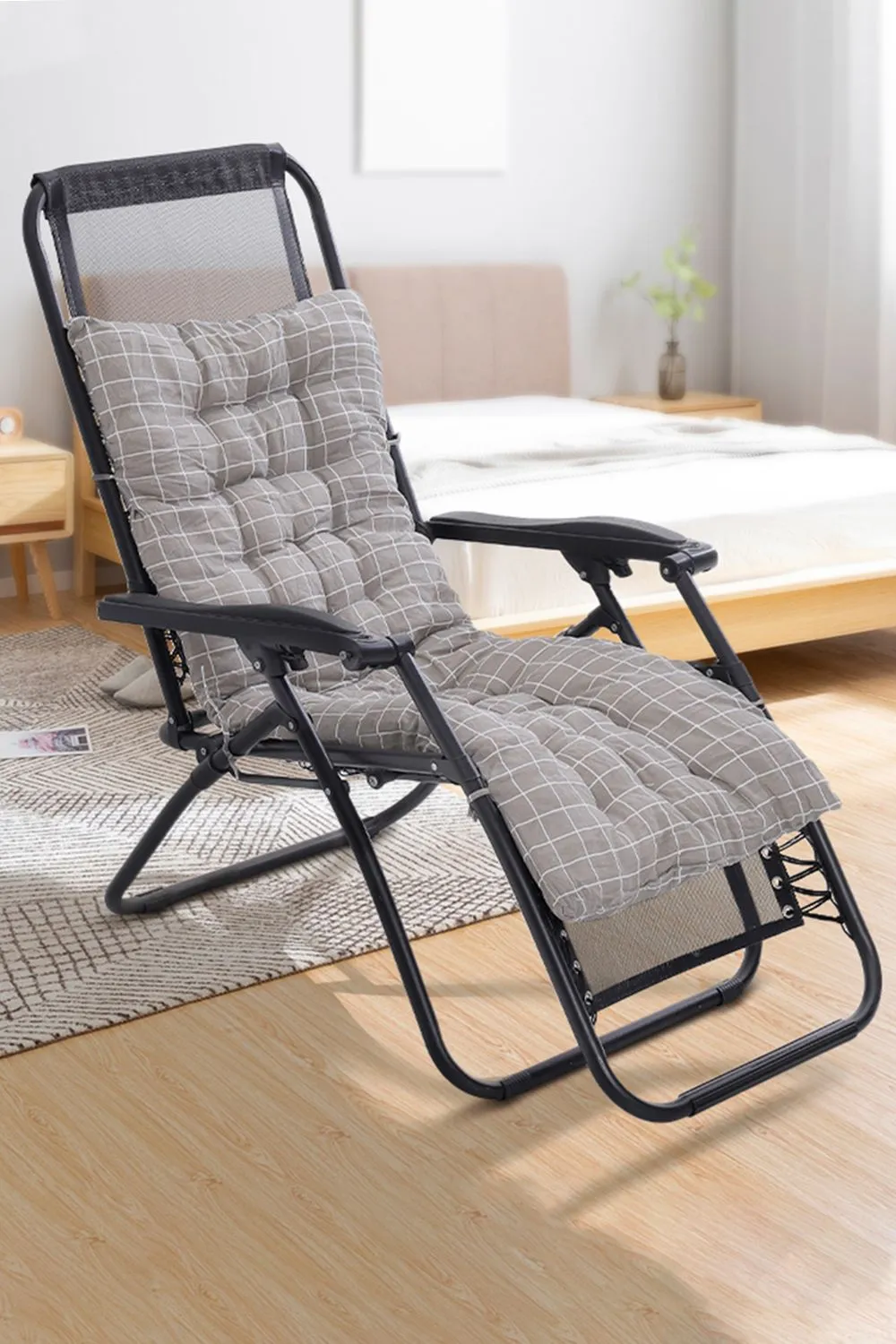 Living and Home 125cm L x 48cm W Plaid Print Beach Chair Seat Cushion Button Tufted Lounge Cushion in Grey