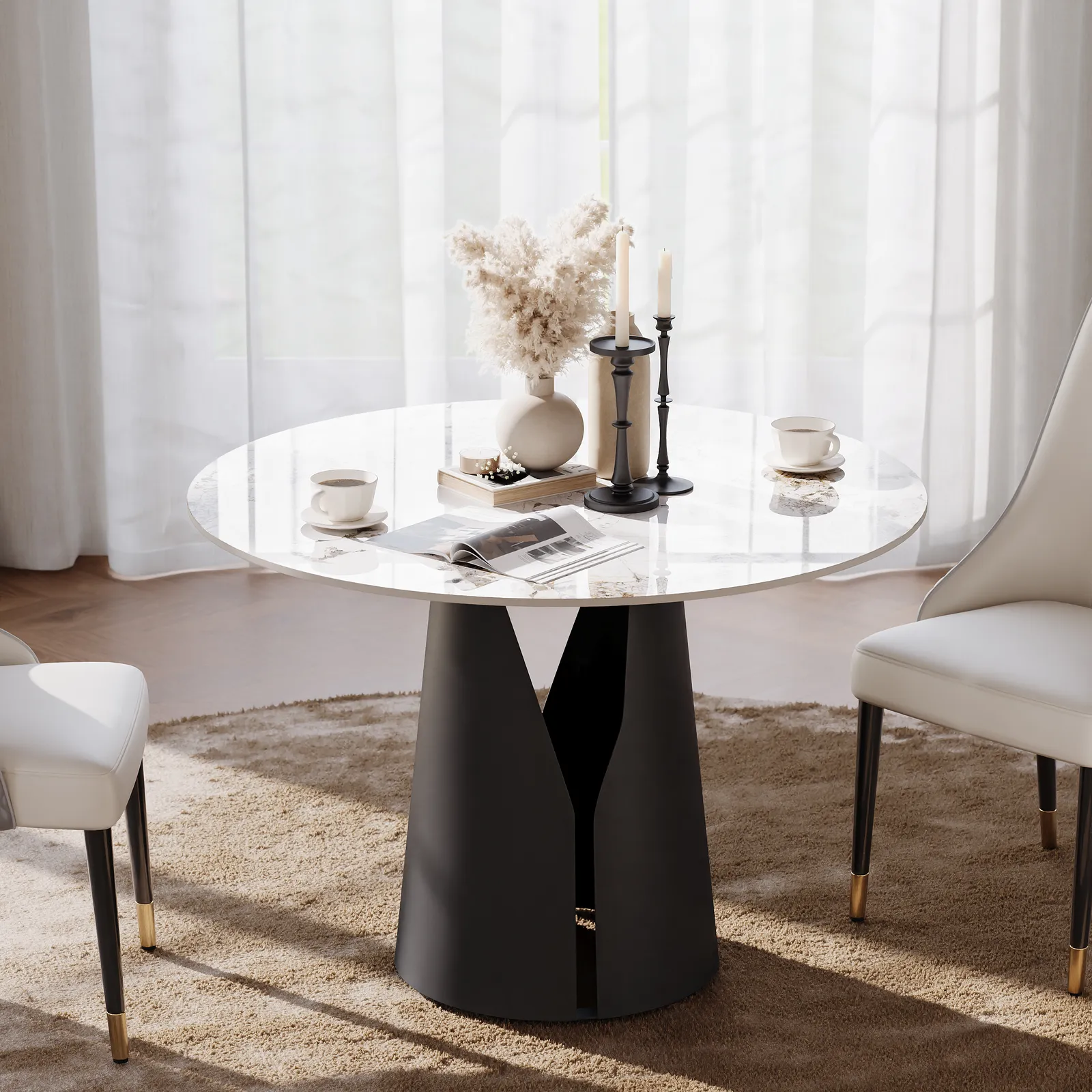 1000mm Sintered Stone Round Dining Table with Carbon Steel Base Seats 2-4 People