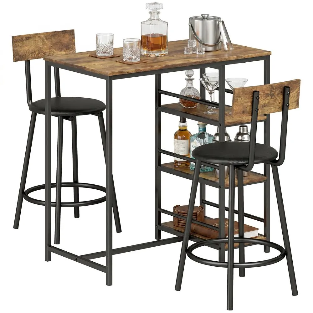 HOMCOM Space Saving Bar Table & PU Leather Stools for 2, Rustic Brown 2