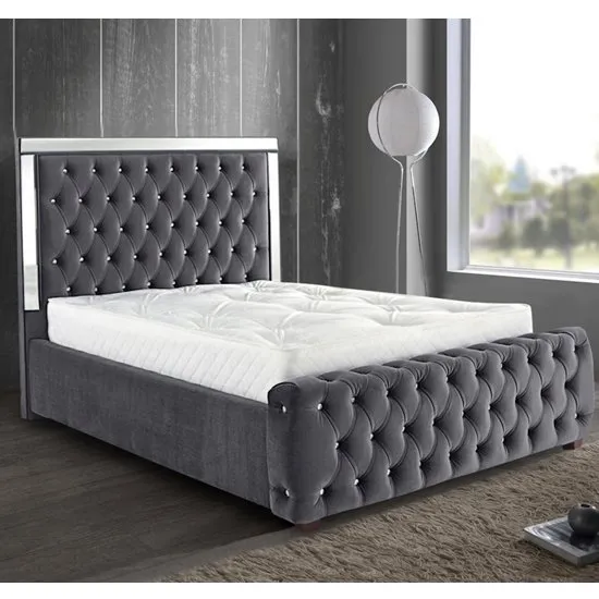 Eastcote Plush Velvet Mirrored Double Bed In Steel