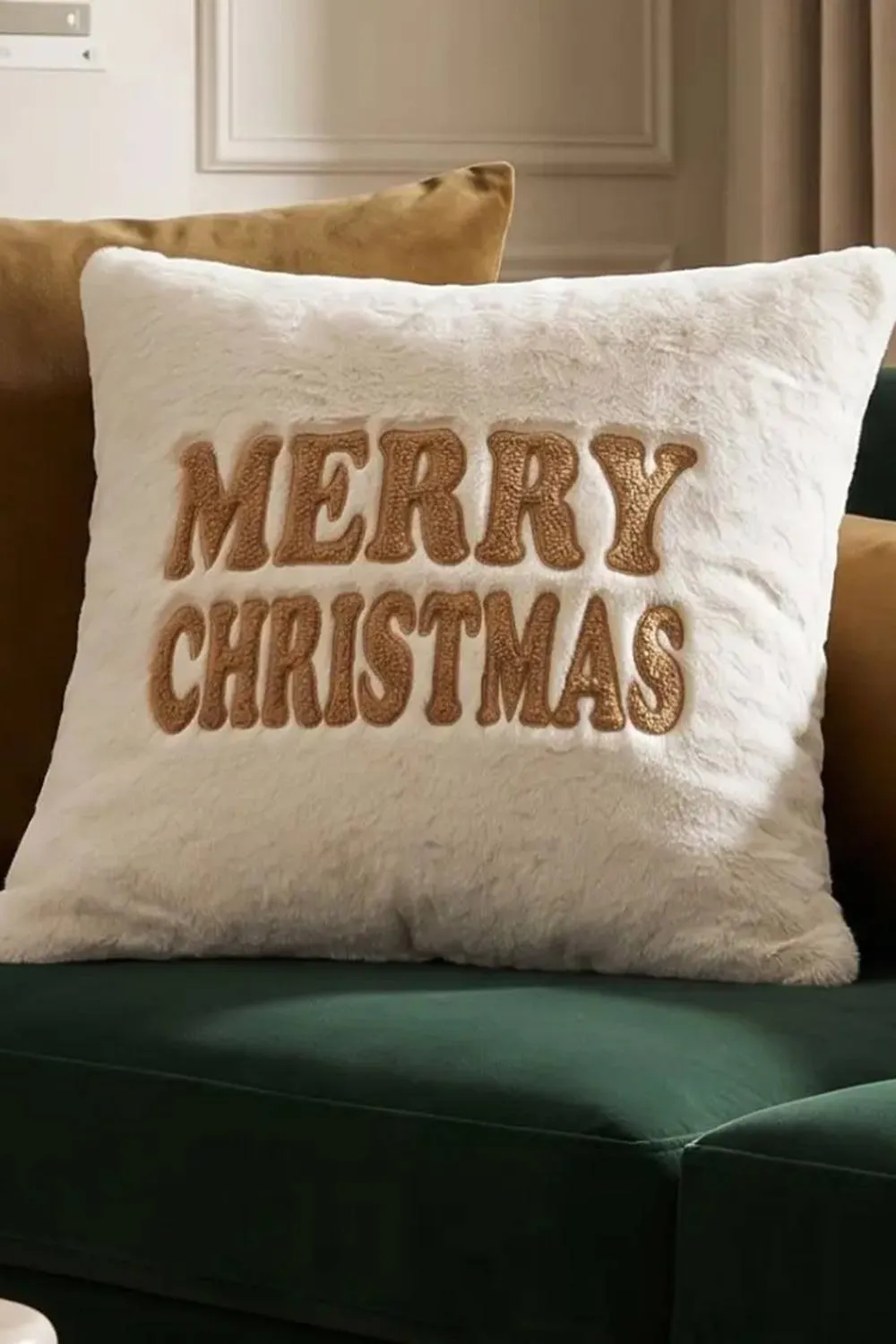 Homescapes Festive Faux Fur Cushion Embroidered Holiday Greeting in Cream
