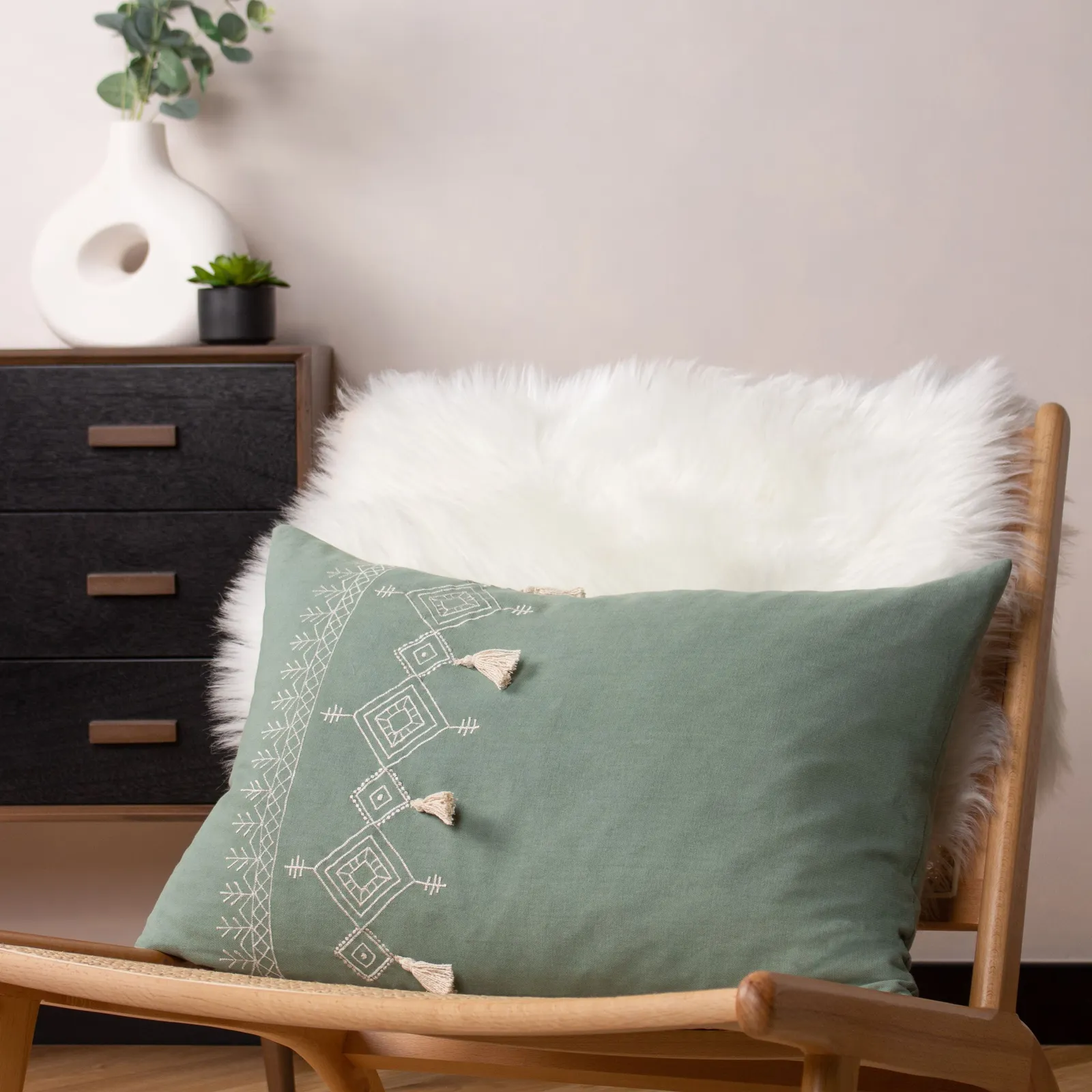 Furn Pritta 100% Cotton Embroidered Tasselled Cushion in Light Green