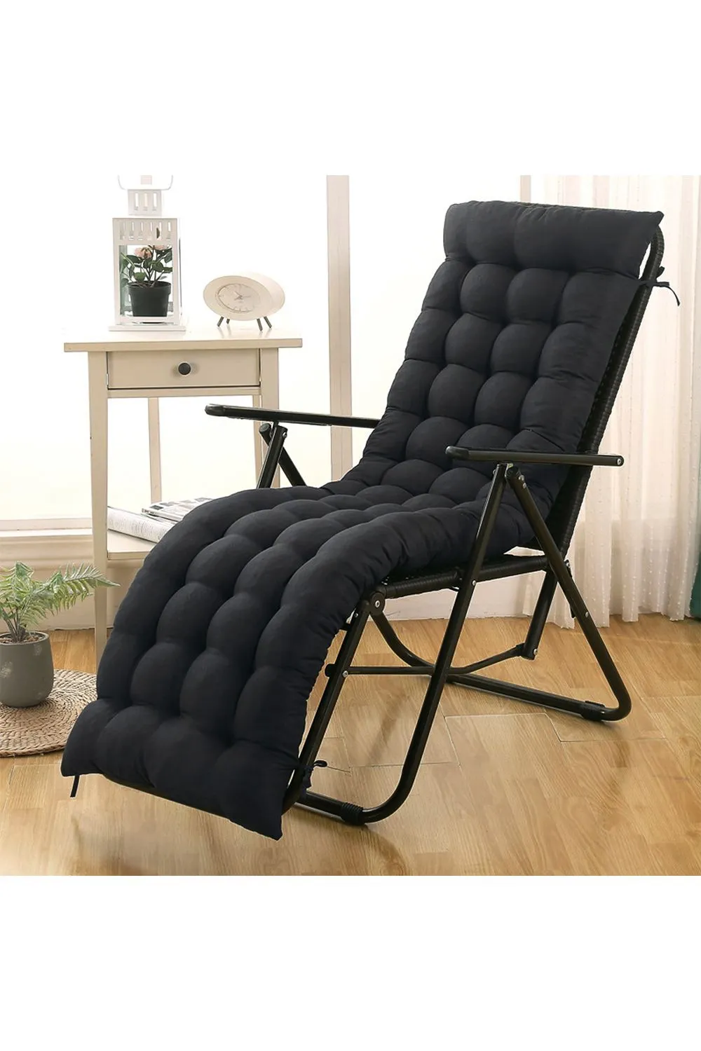 Living and Home 170cm L x 48cm W Button Tufted Beach Lounge Chair Cushion Garden Bench Seat Pad in Black