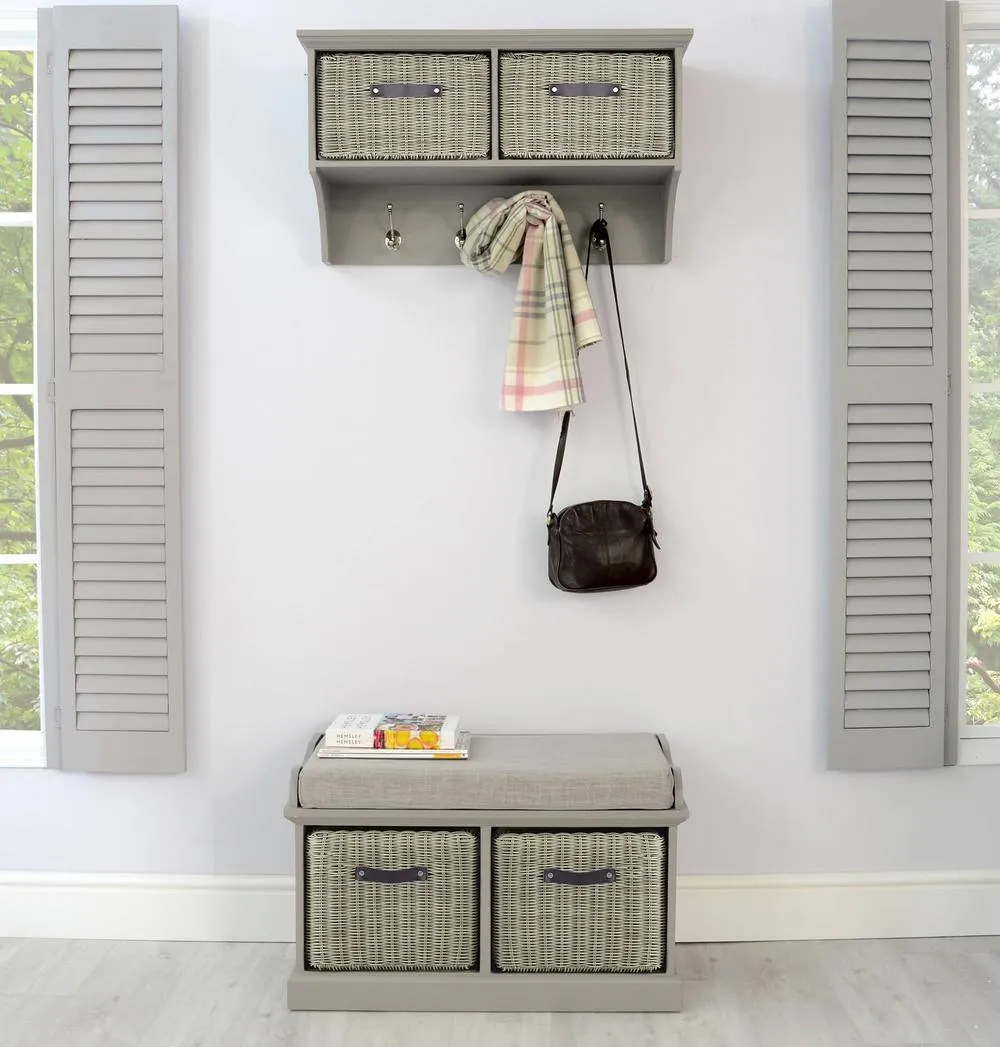 Statement Furniture Tetbury Coat Rack Hanging Shelf with 2 Grey Storage Baskets in Light Grey 4