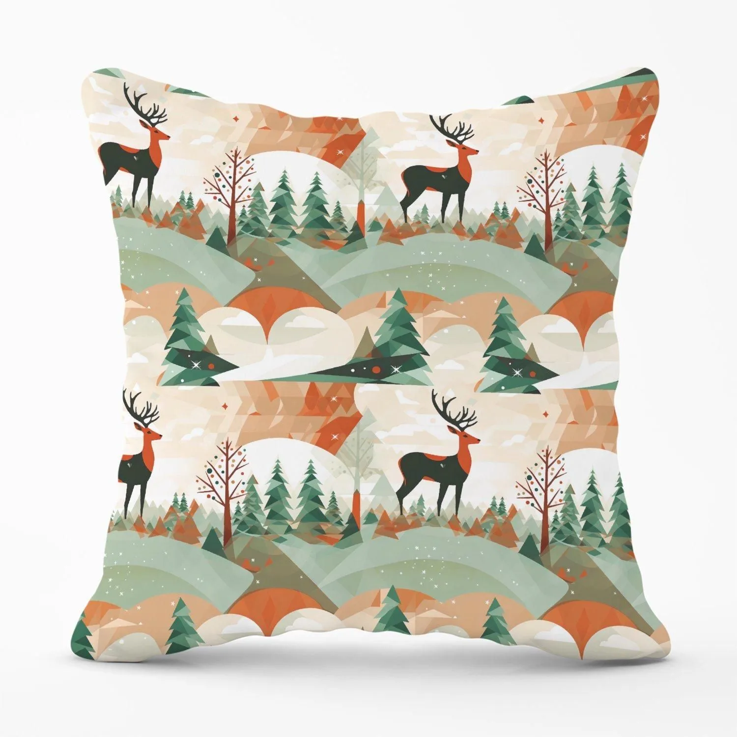 Warren Reed - Designer Reindeer On A Snowy Landscape Pattern Outdoor Cushion in Green