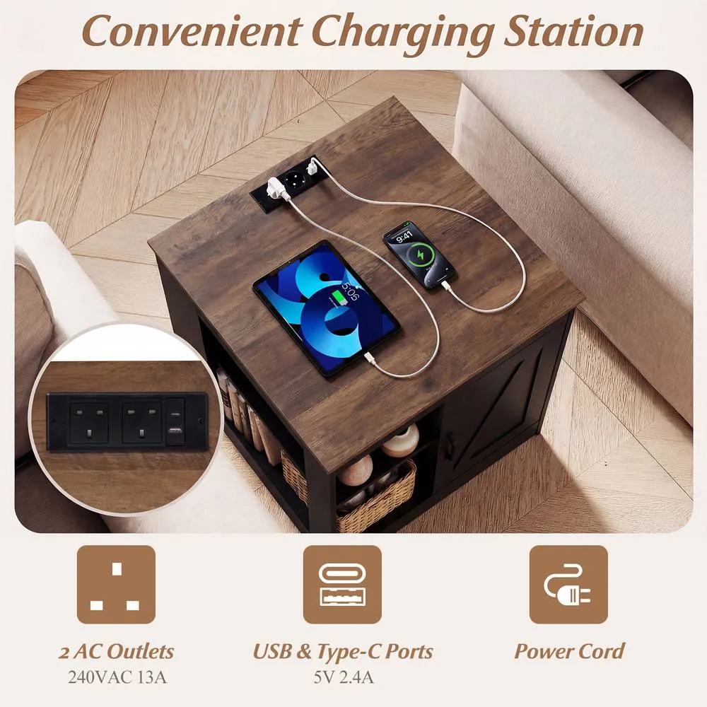 Costway Farmhouse Nightstand w/Charging Station Wooden Bedside Table End Table in Black 6
