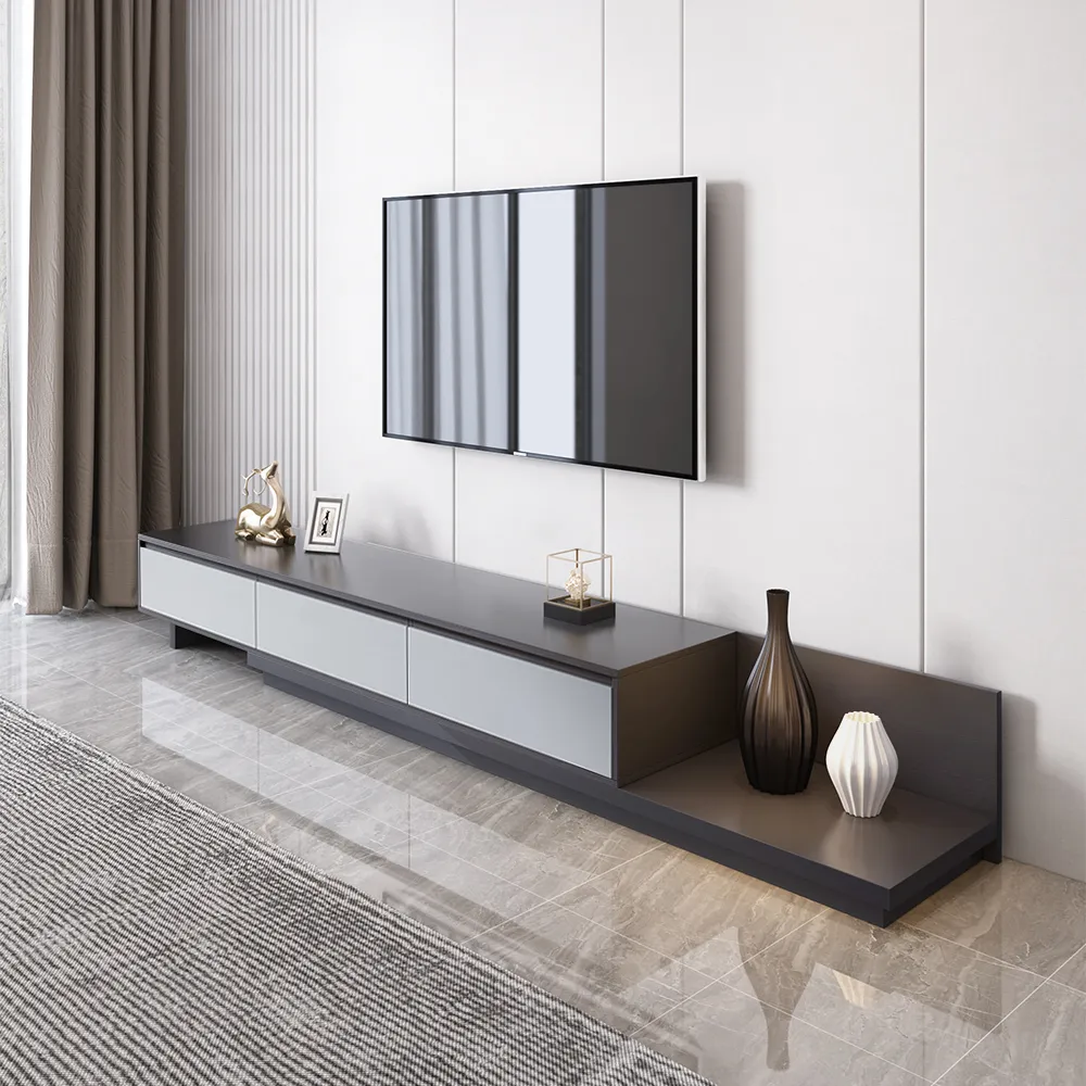 Up to 360 cm Extendable Gray TV Stand Modern Retractable Floor Media Console with 3 Drawers