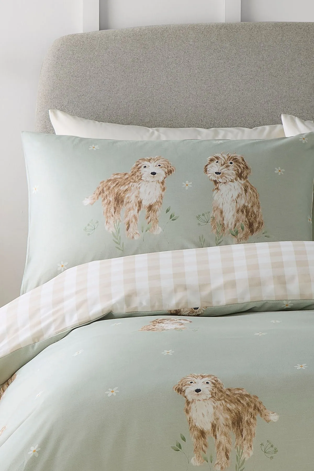 Fusion 'Hattie the Cockerpoo' Cute Dog Print Peach Textured Duvet Cover Set in Light Green 2