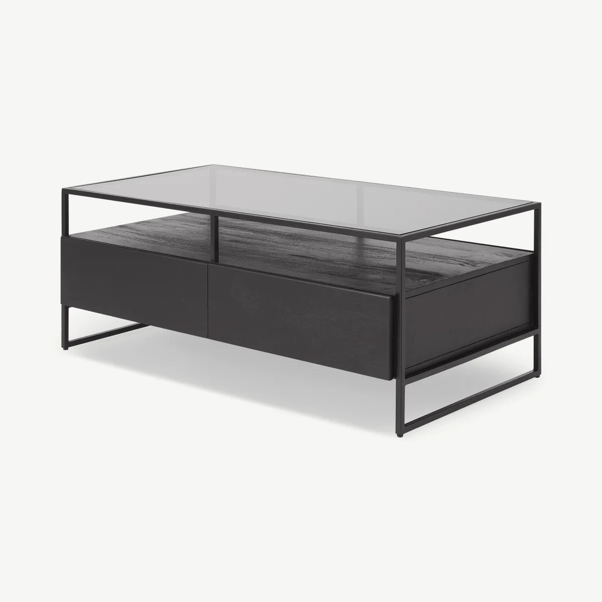 Kilby Storage Coffee Table, Black Stain Mango Wood and Smoked Glass