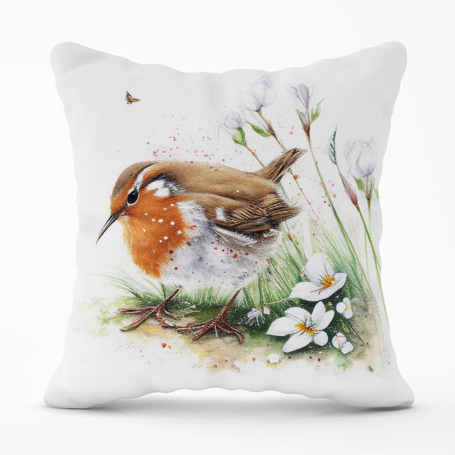 Warren Reed - Designer Robin & Daisies Watercolour Outdoor Cushion in Brown