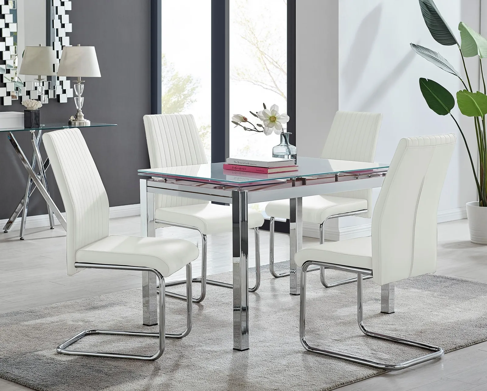 FurnitureboxUK Enna White Glass Extending 4-6 Seater Dining Table & 4 Lorenzo Faux Leather Chairs