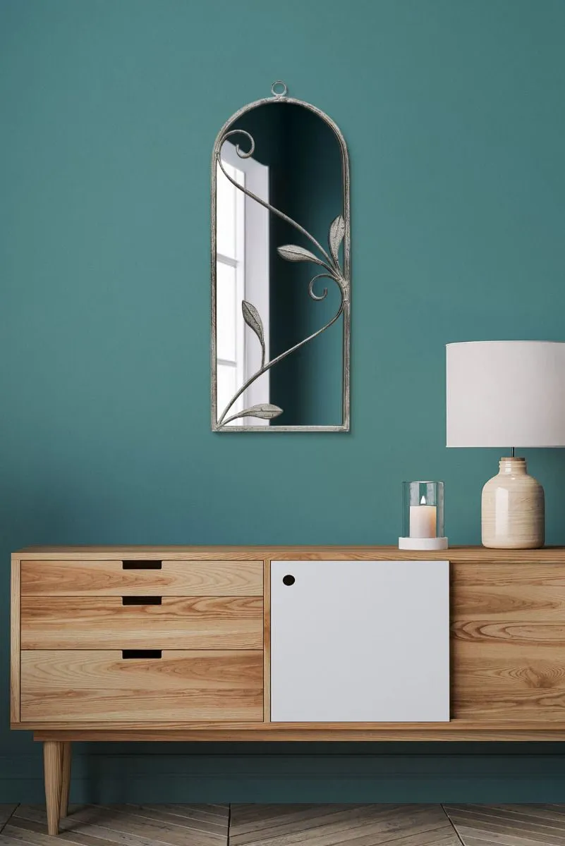 MirrorOutlet Concrete Colour Metal Framed Arched Wall Mirror 25"x 9" (64 X 24CM) in Grey