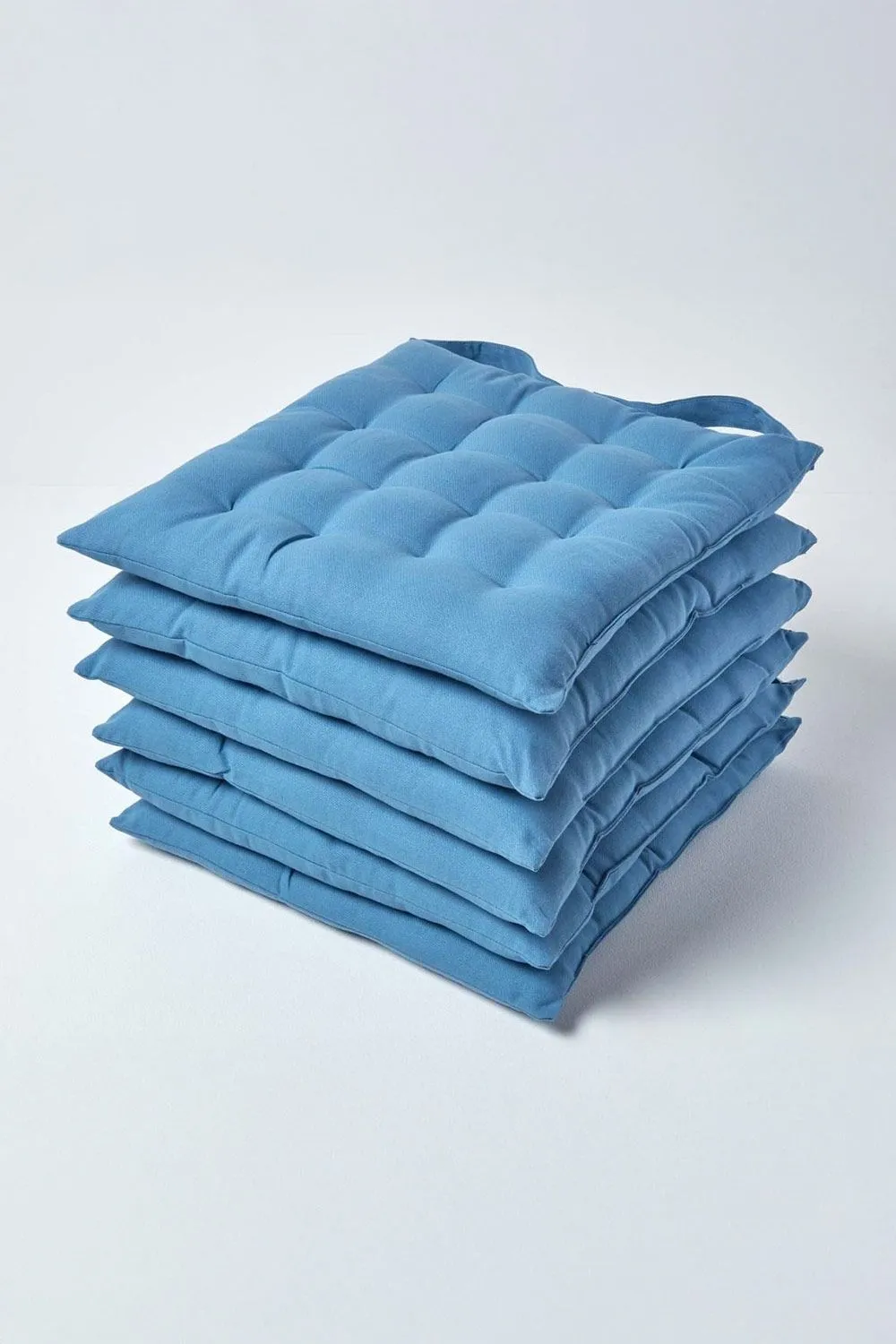 Homescapes 6 Pack Seat Pads Luxury 100% Cotton Indoor Outdoor Garden Cushion, 40cm in Blue 1