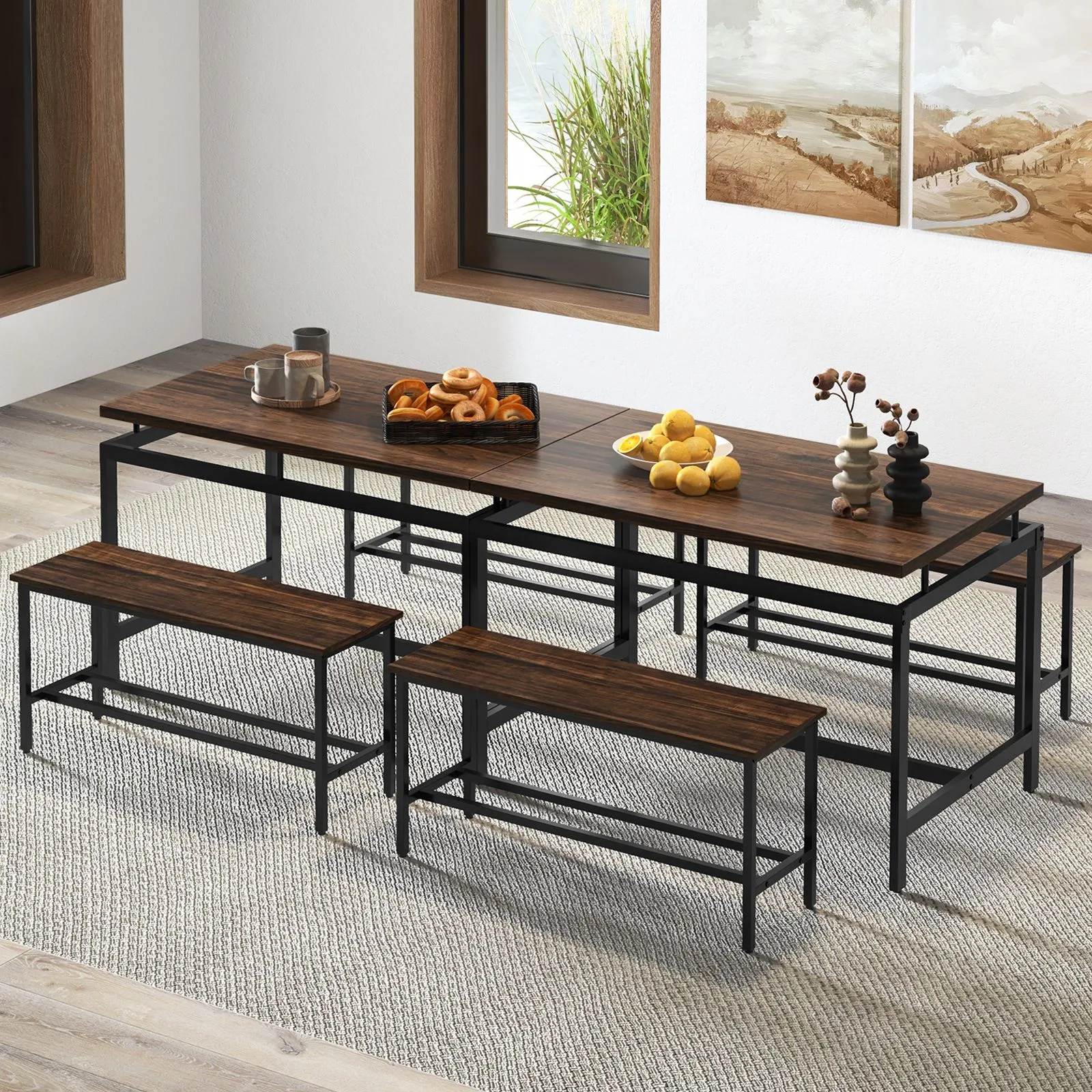 Costway 3 PCS Kitchen Dining Table Set for 4 Wooden Kitchen Table with 2 Benches in Brown 5
