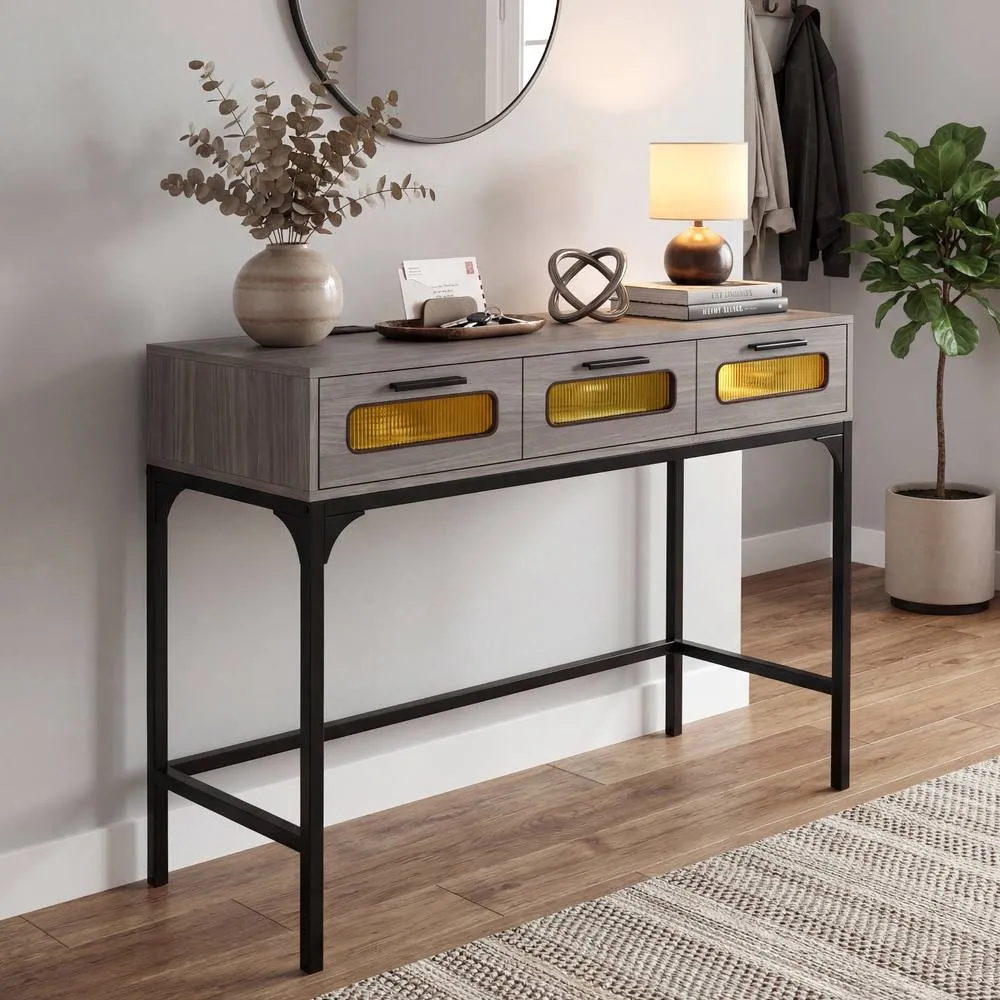 Costway Console Table with LED Lights & Charging Station in Grey