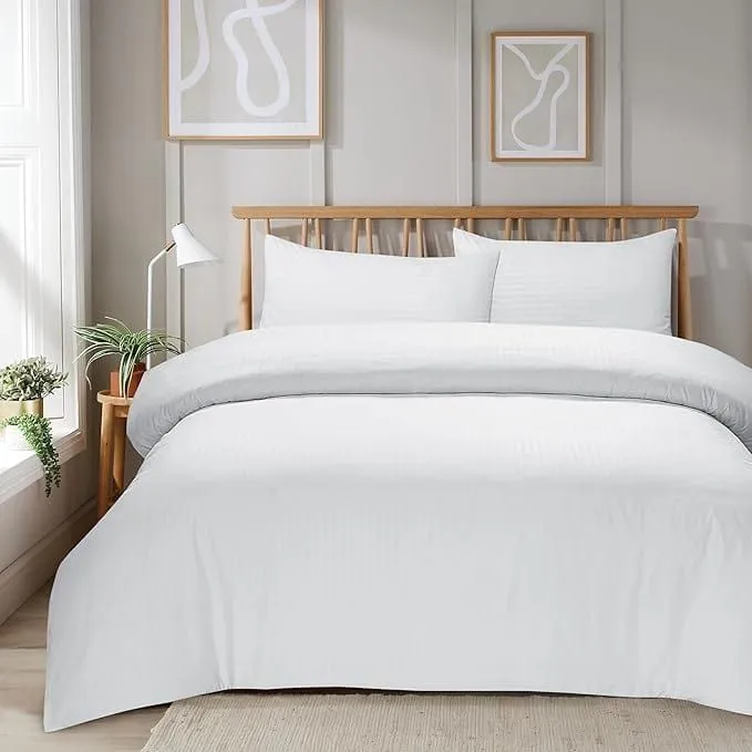 New Edge Blinds NewEdgeBlinds Mayfair Stripe Duvet Set in White - Double, White