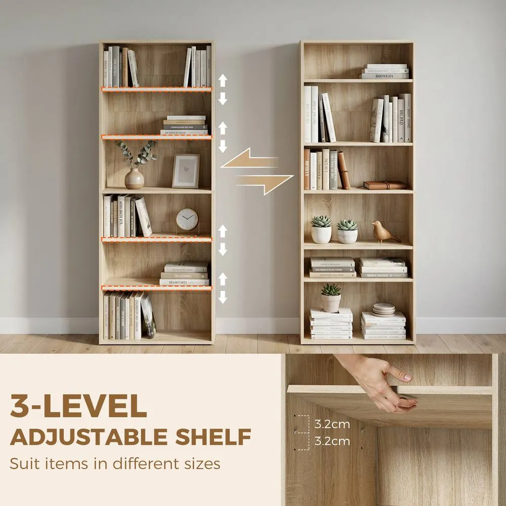 HOMCOM 6 Tier Bookshelf, Freestanding Bookcase with Adjustable Shelves, Oak in Natural 6