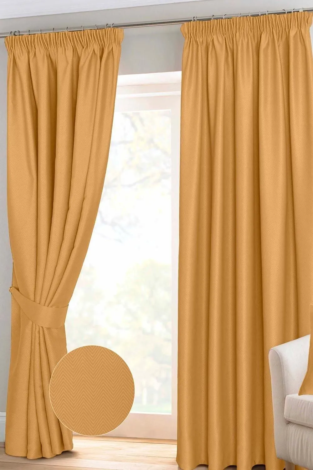 Homescapes Herringbone Blackout Curtains Pair Pencil Pleat in Mustard