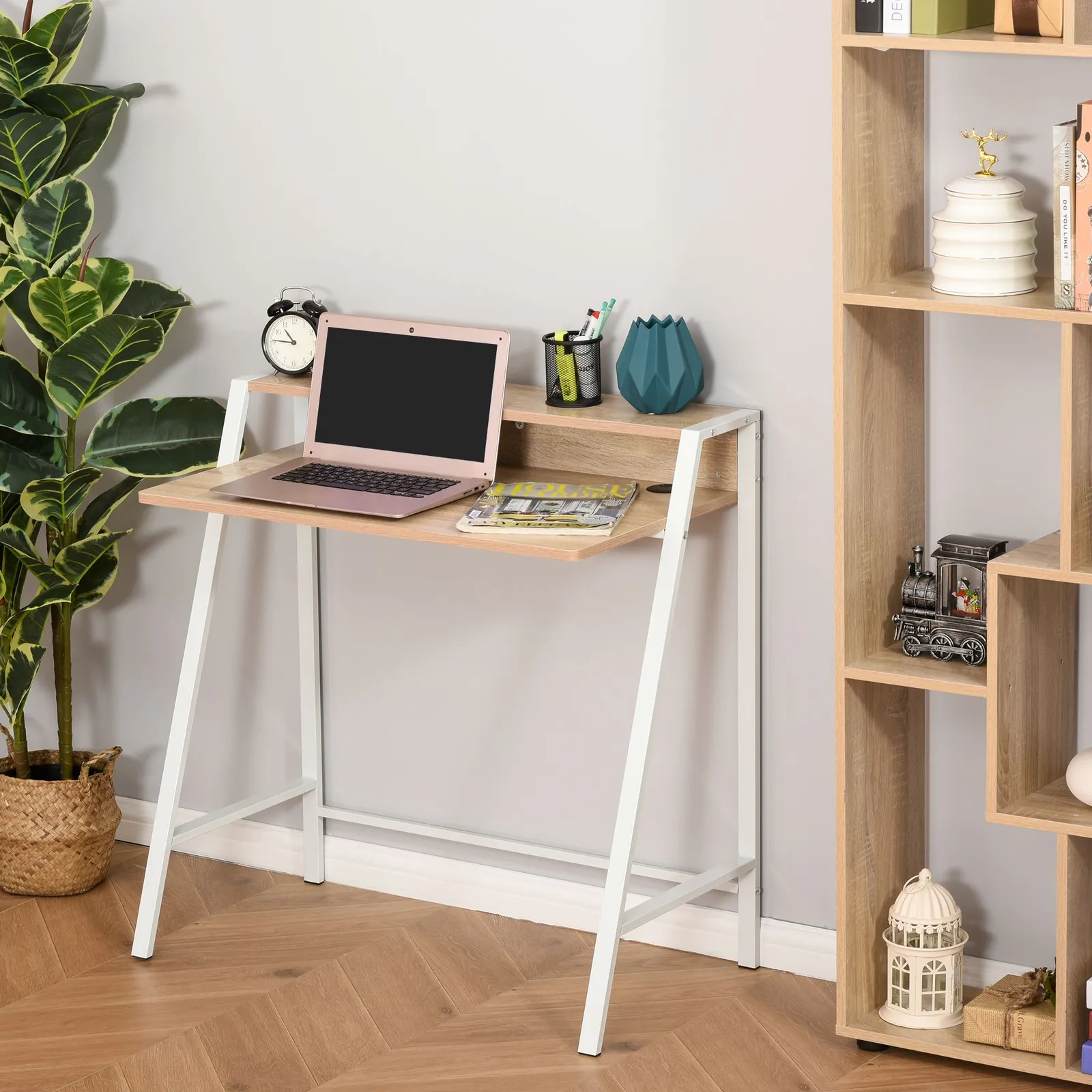 HOMCOM 2-Tier Storage Computer Workstation with Shelf, Metal Frame in Light Brown
