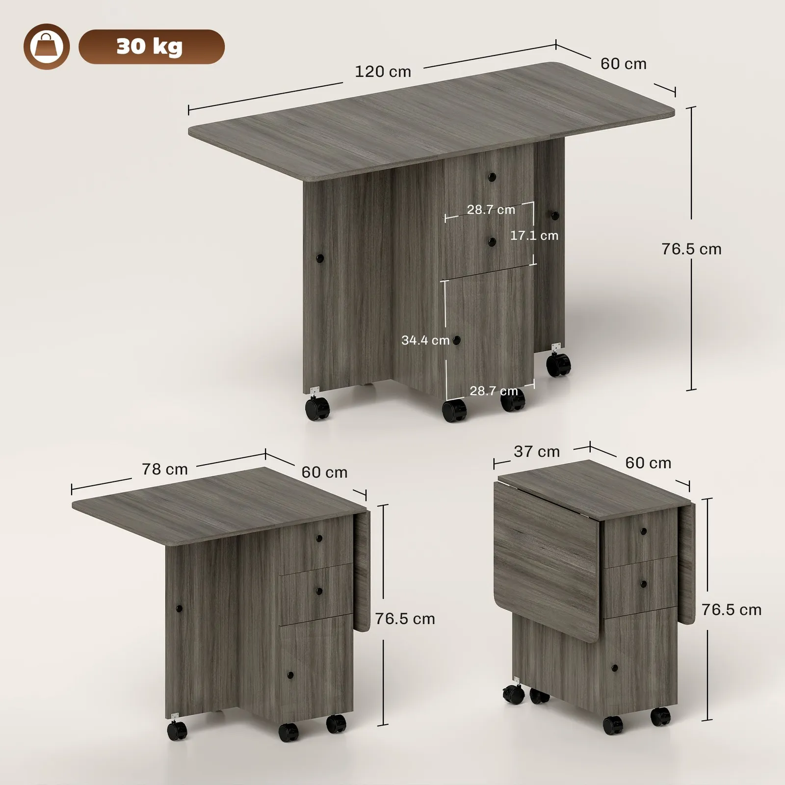 HOMCOM Folding Dining Table, Drop Leaf Table With Storage Drawers in Grey 3