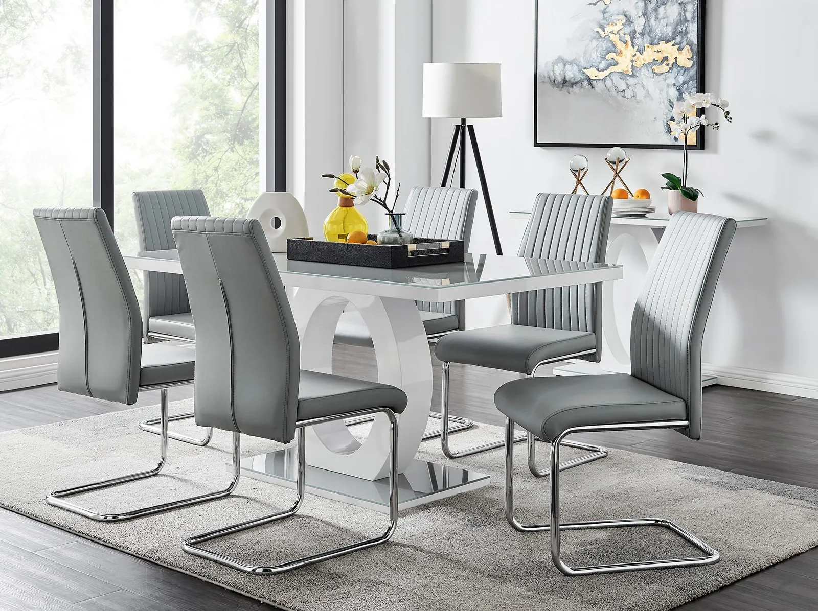 FurnitureboxUK Giovani 6-Seater Grey Glass Dining Table & 6 Lorenzo Faux Leather Dining Chairs 1