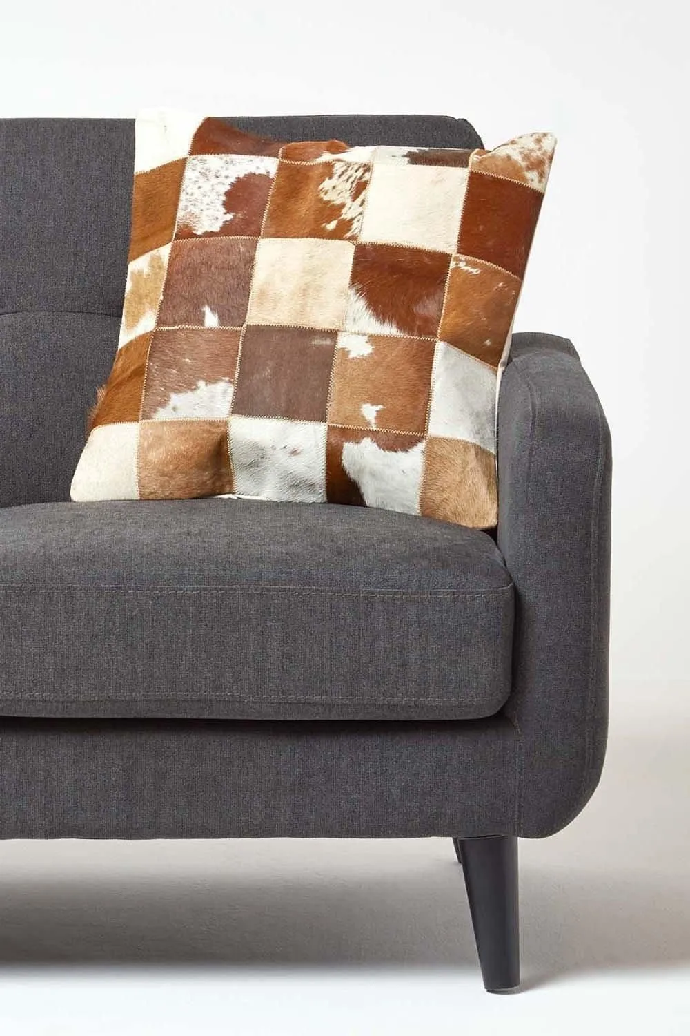 Homescapes Beige & Cream Real Leather & Goat Hair Small Check Cushion with Feather Filling 4