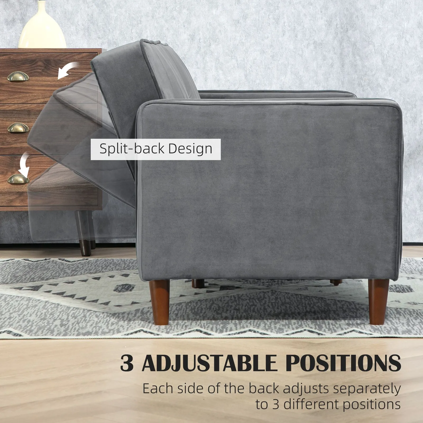 HOMCOM Convertible Sofa Futon Velvet-Touch Tufted Couch Sofa Bed Dark Grey 5