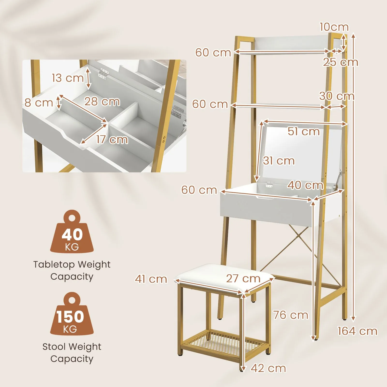 Costway 3 IN 1 Vanity Dressing Table Set Book Storage Shelf Ladder Desk Cushioned Stool in Natural 2