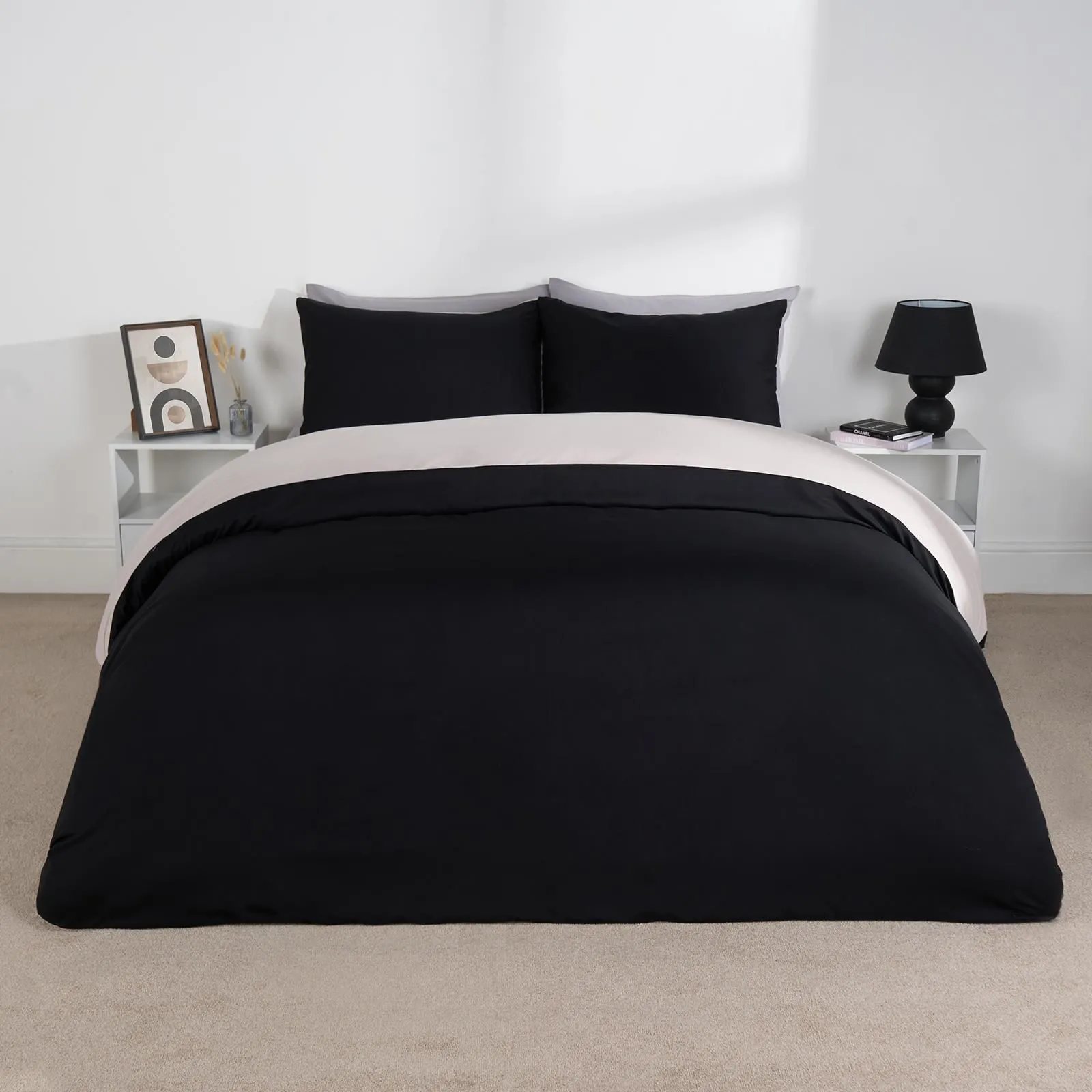 OHS Plain Reversible Duvet Cover With Pillowcase Set in Natural