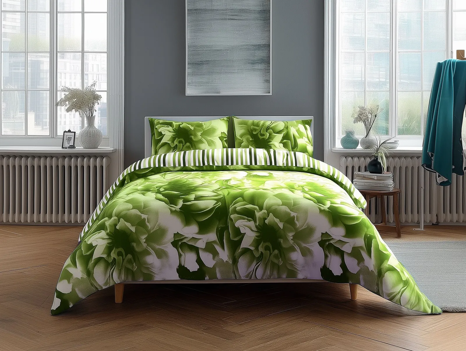 Snug City Duvet Cover & Pillowcase Set Reversible Rose & Stripe Design Polycotton Bed Linen in Lime
