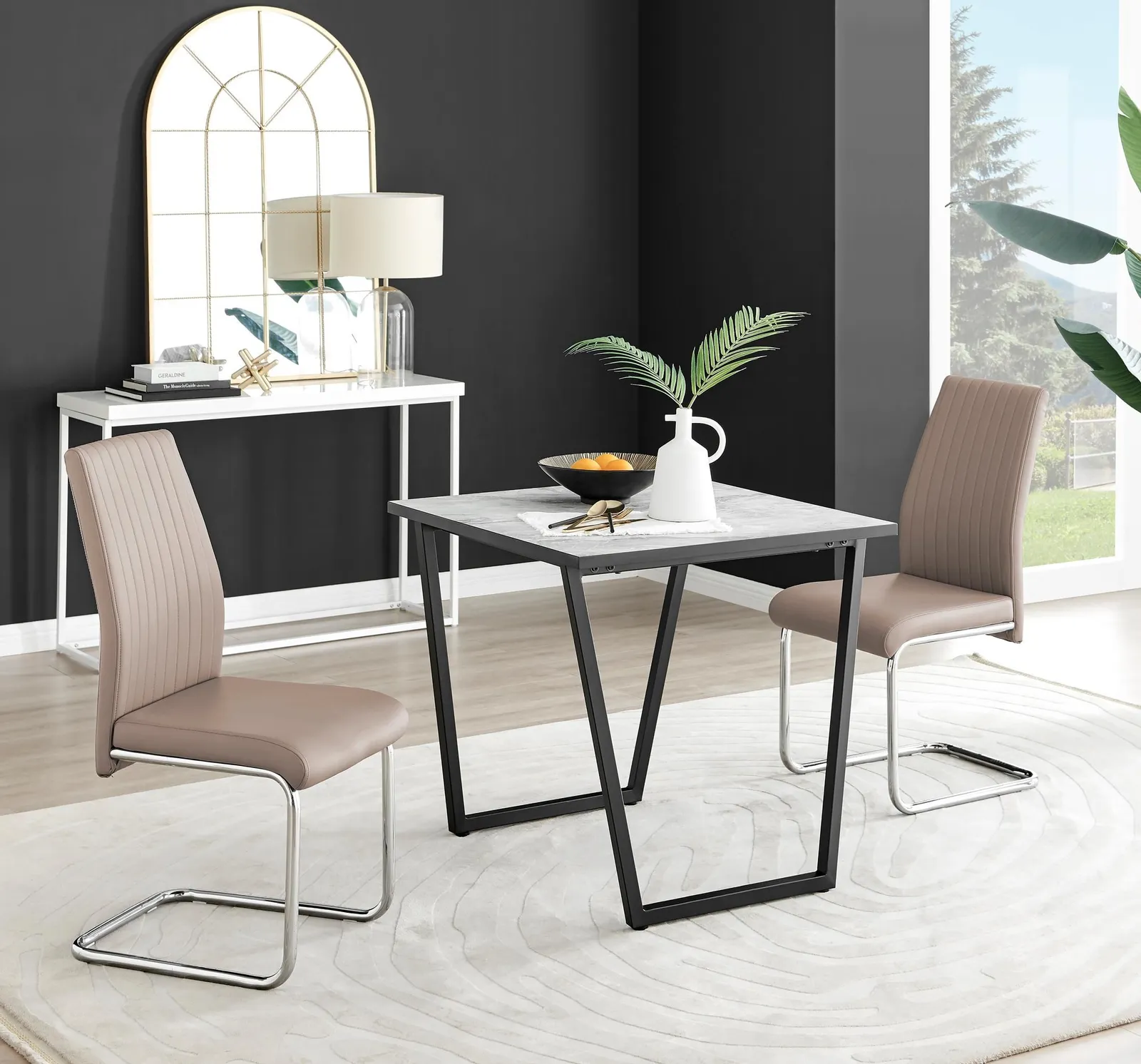 FurnitureboxUK Carson White Marble Effect Square Dining Table & 2 Faux Leather Lorenzo Chairs in Beige