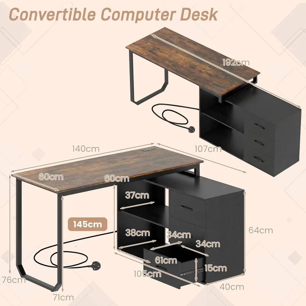 Costway 140cm Reversible L-Shaped Desk w/ Power Outlet Study Writing Table in Brown 3