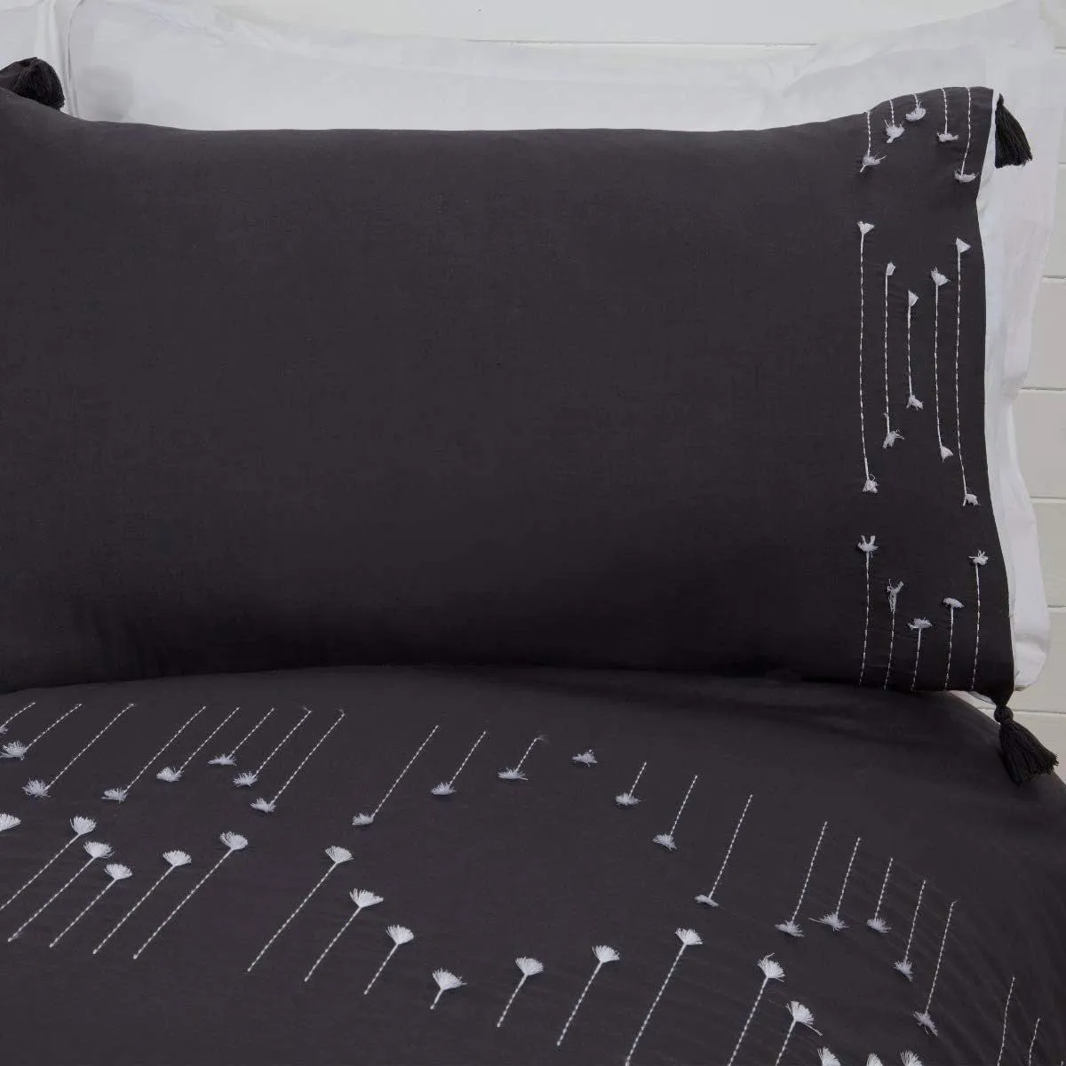 Smart Living Luxury Hotel Quality Boho Embroidered Tassels Duvet Cover with Pillowcases in Charcoal 2